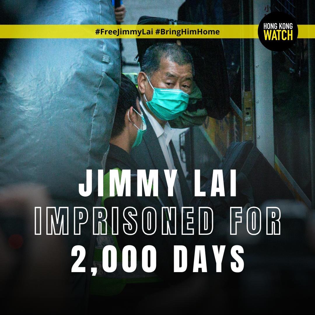 hk_watch's tweet photo. Today is 🇬🇧 citizen Jimmy Lai’s 2,000th day in a #HongKong prison. 

As described by his daughter Claire Lai in @dcexaminer, her dad’s 20-year prison sentence is “all for believing in the ideals of freedom and supporting a marketplace of ideas and information.”

On Lai’s 2,000th day behind bars, we urge international governments to press their 🇨🇳 counterparts for his immediate and unconditional release. 

#FreeJimmyLai #BringHimHome 

https://t.co/EhMOIWVAXQ