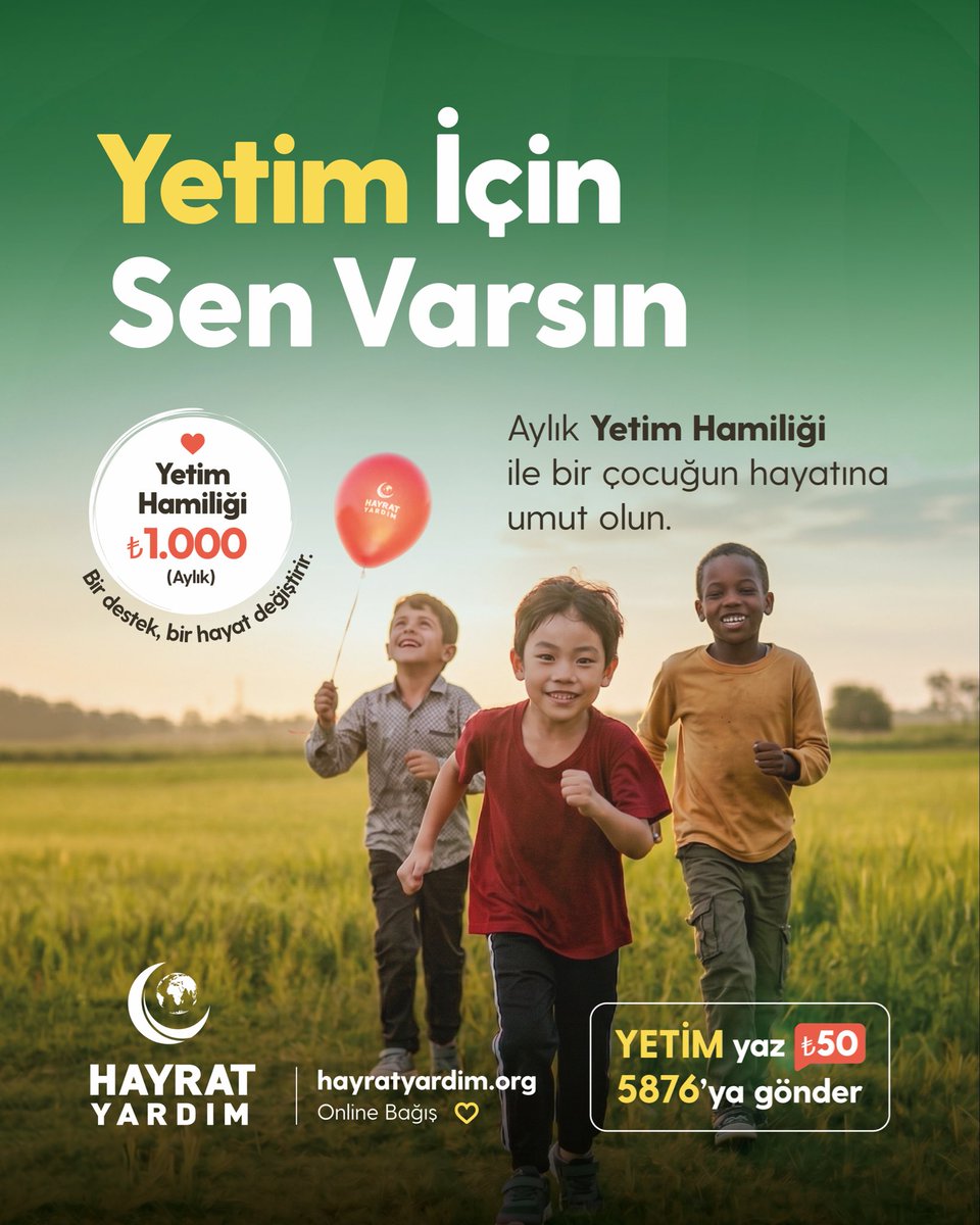 hayratyardim's tweet photo. Bir yetimin elinden tutmak, ona sadece yardım etmek değil; geleceğine umut olmaktır.

Yetim hamiliği kapsamında aylık ₺1.000 ile bir yetimin eğitim, sağlık ve gıda ihtiyaçlarına hami olabilirsiniz. 

Siz de bir yetimin yegâne destekçisi olun.

💌 YETİM > 5876 > ₺50
🌐 https://t.co/gbLecVIpBT