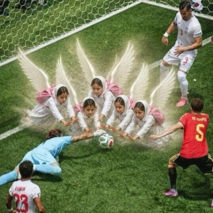 ActualidadRT's tweet photo. El ministro de Relaciones Exteriores de Irán comparte una imagen en la que aparecen los jugadores de la selección de fútbol siendo ayudados por ángeles, en referencia al bombardeo contra una escuela, en el que murieron 168 personas, la mayoría niñas. https://t.co/DFy7PcyZ17 https://t.co/NIRMq4UOIL