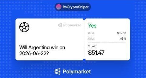 itsCryptoSniper's tweet photo. Today first match I'm go for Argentina. They definitely try and do for continue the winning spirit. Argentina played team wise together and their main moto is passing the ball Messi as much as possible, that's the plus point for Argentina. 

That's the reason I pick My today Polymarket prediction on Argentina 

2nd match so much obvious for France 

3rd one highly chance match draw 

4th one is the undervalued . Market odds super juicy. Jordan winning chance can make almost 6-7x return. We can make a chance with small amount