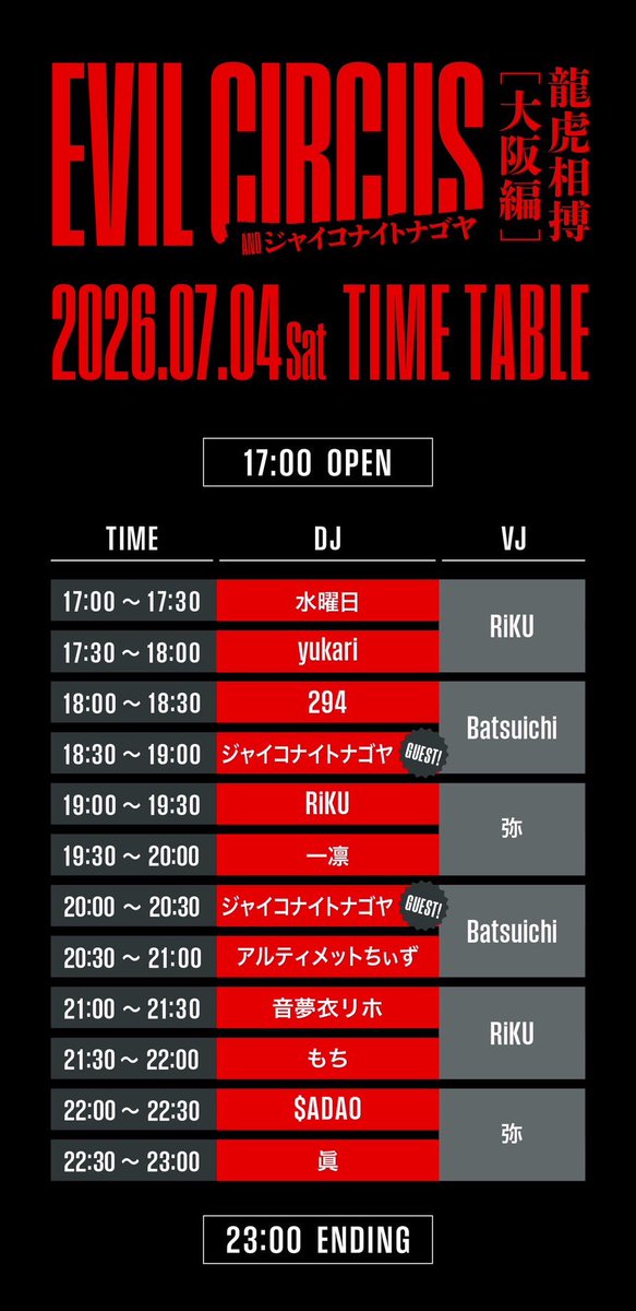 evilcircus_inc's tweet photo. 😈【NEXT EVIL CIRCUS NEWS!!! 】���

大変長らくお待たせいたしました！
7/4(土)EVIL CIRCUS大阪編のタイムテーブルを公開させていただきます！

各出演DJ陣のプレイタイムのチェックをよろしくお願い致します！！

そしてSpecial Actのジャイコナイトナゴヤ様は、なんと18:30からと、20:00からの2回プレイしていただきます！これは2回とも絶対に見逃せません！！
我々EVIL CIRCUSサイドも大変楽しみです！！

当日は、演者とお客様、共に咲き乱れましょう！！🌸🐲🌸👇😈🎪

2026/7/4(土)
EVIL CIRCUS 
龍虎相搏〜大阪編〜
時間:17:00〜23:00
入場料:2,000円(1ドリンク代含む)
会場:TERANOMA tide pool
住所:大阪市中央区難波千日前4-19
池梅ビル４F
※クローク設置あり

▼SPECIAL ACT▼
ジャイコナイトナゴヤ(from 名古屋)

▼DJ▼
水曜日(EVILCIRCUS)
RiKU(VISUAL ROCK STATION)
294(みんめし)
もち(kyun)
音夢衣リホ(EVILCIRCUS)
一凛(BunGeee⭐︎）
アルティメットちぃず(BunGeee⭐︎)
$ADAO（あにくら中学校)
眞(EVILCIRCUS)
yukari(EVILCIRCUS)

▼VJ▼
Batsuichi(BunGeee⭐︎)
弥
RiKU(VISUAL ROCK STATION)

———————————
"what's EVILCIRCUS？"
国内でリリースされているヴィジュアル系楽曲を用いた選曲で楽しめるDJイベント
新旧メジャーインディーズ何でもプレイします！

唯一無二の音楽ジャンルである"ヴィジュアル系"の魅力を発信したりヴィジュアル系バンドや楽曲をプッシュしながらEVILCIRCUS への来場者の皆さんと我々が心ゆくまで楽しめるイベントを企画しています
お問い合わせ、コンタクトはDMまでお気軽に→📱 https://t.co/PMCx5zBego

#EVILCIRCUS 🐯
#ジャイナゴ 🐲
#ヴィジュアル系
#V系
#VISUALKEI