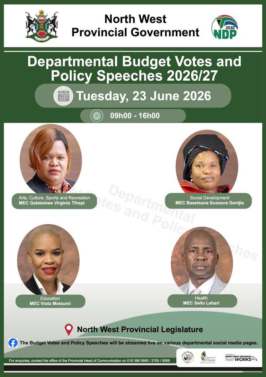 NWPGOV's tweet photo. This week our focus in on Departmental Budget Speeches where different provincial government departments will be outlining their key priorities, programmes and plans for the 2026/27 financial year. Catch them live here on our Facebook page, NWPG Youtube Channel and X Page. #NWPG #BudgetSpeech2026 #BuildingANorthWestThatWorksForAll