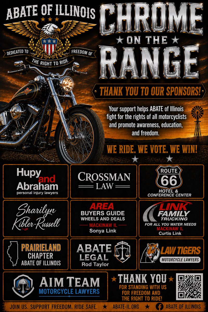 ABATEofIllinois's tweet photo. Chrome on the Range, ABATE of Illinoisโ State Party, is happening June 25-28, 2026 at the @menardcofair! Big thanks to our sponsors like @areabuyersguide, @HupyandAbraham, @lawtigers, and more! #twill #ABATEIL https://t.co/5rmNz3aaYP