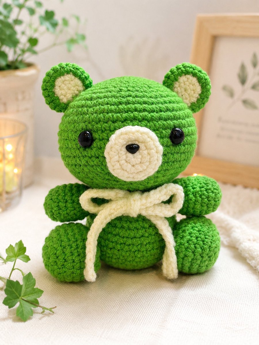 BrasstubaN's tweet photo. 完成した～！！！🧸💚
初めてにしては上出来すぎる👏🏻✨
ちゃんとお座りしてくれて感動…！
この子用のポーチも作ろうか悩み中😑💭

※背景はチャッピー作📱 https://t.co/q6vSGvsDxW