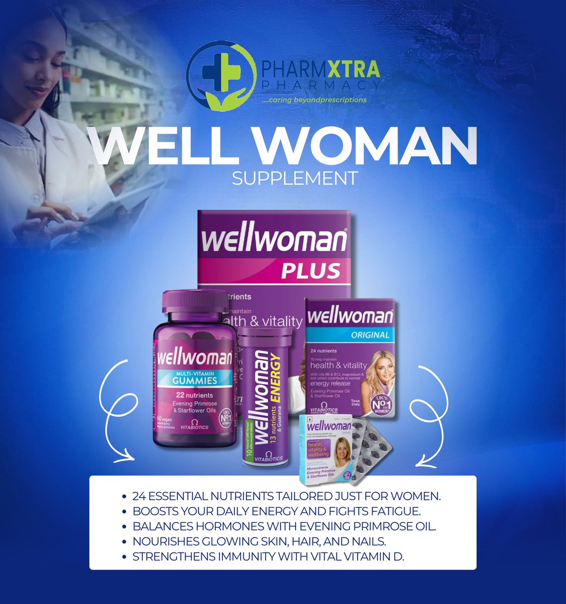 Pharmxtra_'s tweet photo. Women's nutritional needs change with age, lifestyle, work demands, and hormonal fluctuation.

Wellwoman is available now at an affordable price. Get yours today❤️
#PharmXtraPharmacy #WomensHealth #Wellwoman  #PreventiveHealth #Nutrition #womensupplements https://t.co/vsAOUueQLC