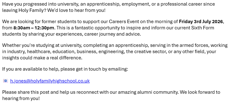 HFCHSThornton's tweet photo. Have you progressed into university, an apprenticeship, employment, or a professional career since leaving Holy Family? We'd love to hear from you!
See image
#HolyFamilySixthForm #HolyFamilyAlumni #CareersEducation #InspiringTheFuture #AlumniNetwork #CareersEvent #FutureReady https://t.co/G2HHEGHhXd