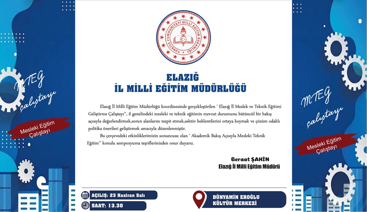 elazigmem's tweet photo. 📌 Elazığ’da Mesleki Eğitimin Geleceği Konuşuluyor

Elazığ İl Millî Eğitim Müdürlüğü koordinesinde düzenlenen Elazığ İli Mesleki ve Teknik Eğitimi Geliştirme Çalıştayı ile ilimizde mesleki ve teknik eğitimin mevcut durumu bütüncül bir bakış açısıyla ele alınıyor.

Eğitimden istihdama uzanan süreçte;
✔️ Sorun alanlarının tespiti
✔️ Sektör beklentilerinin belirlenmesi
✔️ Çözüm odaklı politika önerilerinin geliştirilmesi
amaçlarıyla gerçekleştirilen çalıştayımızın çıktıları, mesleki eğitimin geleceğine yön verecek önemli adımlar sunacaktır.
📍 Bünyamin Eroğlu Kültür Merkezi
🗓 23 Haziran Salı
⏰ 13.30
Çalıştayımız kapsamında düzenlenecek “Akademik Bakış Açısıyla Mesleki Teknik Eğitim” konulu sempozyumumuza tüm paydaşlarımızı bekliyoruz.
@tcmeb @Yusuf__Tekin @numanhatipoglu @SahinBeraat 

#MeslekiEğitim #Elazığ #Eğitim #Çalıştay #MTEG