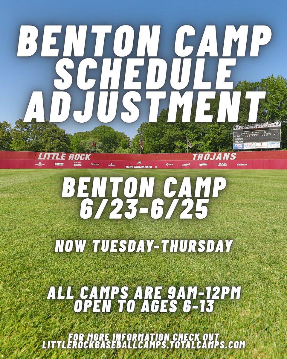 LRBaseballCamp's tweet photo. 🚨🚨🚨

Due to rain we are pushing Benton Camp to Tuesday-Thursday now‼️

See everyone tomorrow! https://t.co/RVFBbTYlyV