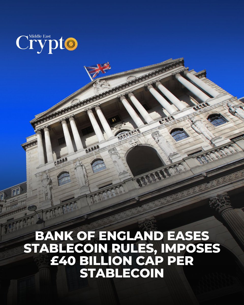 CryptoMiddleast's tweet photo. The Bank of England has softened its proposed stablecoin rules after industry concerns, dropping plans to cap individual holdings and instead limiting total issuance per stablecoin to £40 billion ($53 billion).

Read more: https://t.co/xQR0407U1r

#England #Stablecoin #digitalassets #crypto