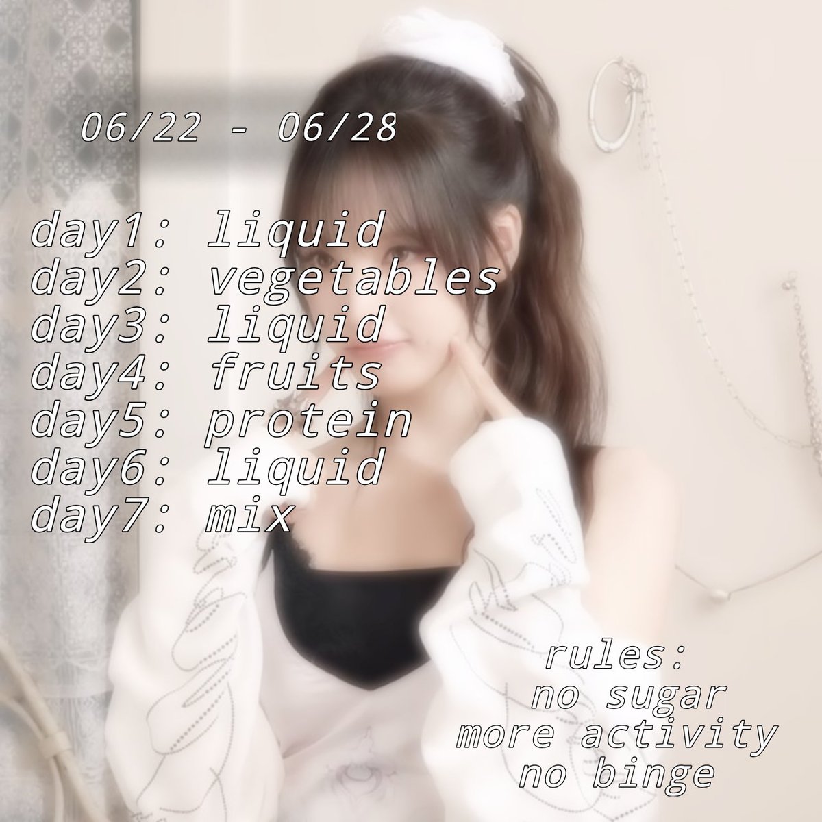 rish_rushh's tweet photo. ◞ ꙳ ๋࣭ ⭑ ` ed note ⊹ ࣪ ˖

Diet week 🪽 06.22 to 06.28
                Accountability thread 🧵 for #edtwt 

#wl #ana #kpop 
♡ ノ ↺to be moots ₊˚⊹ ᰔ https://t.co/XzSHoVlhkI