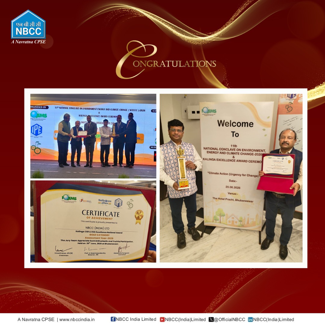 OfficialNBCC's tweet photo. #NBCC has been conferred the Kalinga CSR Excellence National Award 2025 (Gold Category) for its outstanding CSR initiatives at the 11th National Conclave on Environment, Energy & Climate Change (EECC)-2026, Bhubaneswar.
#CSRExcellence #NationBuilding https://t.co/7a1GletsXZ