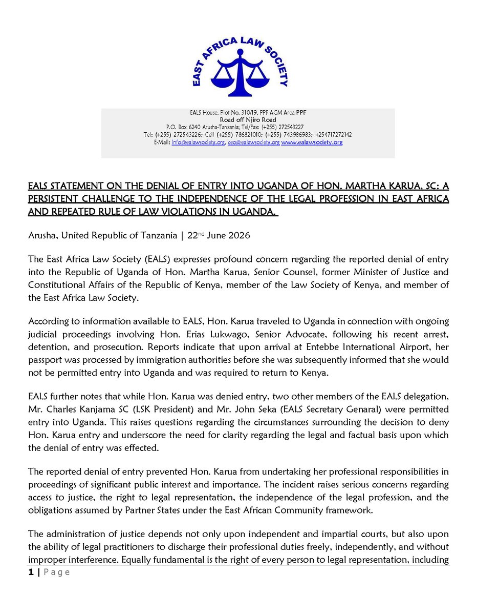 ealawsociety's tweet photo. EALS STATEMENT ON THE DENIAL OF ENTRY INTO UGANDA OF HON. MARTHA KARUA, SC: A PERSISTENT CHALLENGE TO THE INDEPENDENCE OF THE LEGAL PROFESSION IN EAST AFRICA AND REPEATED RULE OF LAW VIOLATIONS IN UGANDA https://t.co/Jt5sk8a5sT