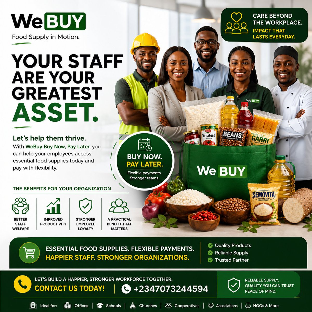 WeBuy001's tweet photo. The best employee benefit isn't always another meeting.

Sometimes it's helping staff put food on the table.

Ask us about WeBuy Buy Now, Pay Later for organizations.

Power In Motion. #webuy https://t.co/uyTvaajWr4