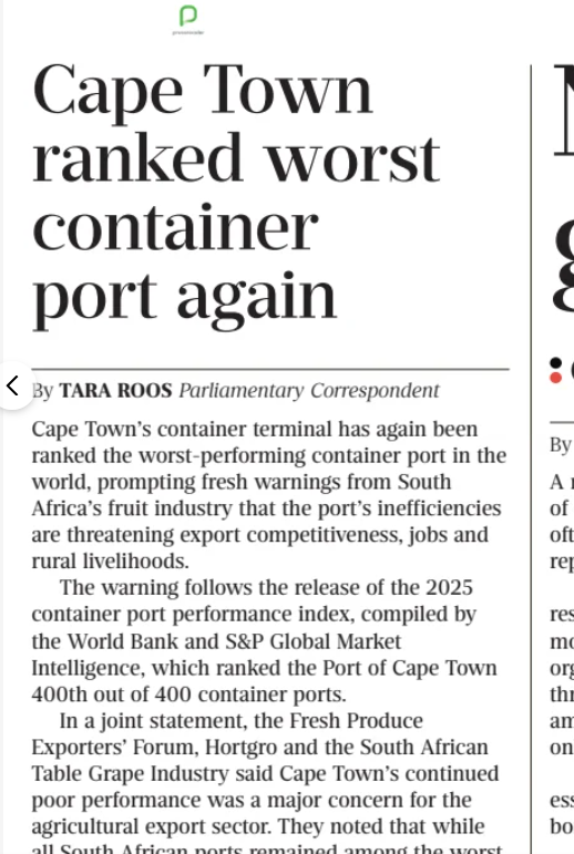 WandileSihlobo's tweet photo. WE NEED TO IMPROVE PORT LOGISTICS. 🇿🇦

Thank you for the excellent piece, @tarathinks and @BDliveSA . I have some additional comments.

In 2025, Transnet, working collaboratively with private-sector organisations and organised agricultural groups, made significant progress across the country. But Cape Town ports require more work.

We mainly saw efficiency improve at the Port of Durban and at the Eastern Cape ports. The various agricultural subsectors, including the citrus industry, benefited from this improvement.

In addition to the ample agricultural output, improved port efficiency boosted South Africa’s agricultural exports, which reached a record US$15.1 billion in 2025, up 10% from 2024.

But this improvement was not consistent throughout the year. The Port of Cape Town experienced delays in its agricultural activities at the end of 2025 and into the start of 2026. This was a peak export period for the table grapes industry.

It was also at a time when the industry had an ample harvest. For example, the figures recently released by the South African Table Grape Industry (SATI) show that the final figures for the 2025-26 table grape season inspected for export were 81.25 million cartons (4.5 kg cartons), a 3% year-on-year increase.

But when these products had to be exported, the Port of Cape Town faced various challenges, including weather-related issues. Some growers and exporters had to move the volume of the crop they would typically export through the Port of Cape Town to the Eastern Cape ports.

For example, the data from SATI shows that the proportion of table grape exports shipped through the Port of Cape Town declined from 91% in the previous season to 76% in the 2025-26 season.

Meanwhile, volumes shipped through Eastern Cape ports increased from 6% of total exports in 2024/25 to 21% this year. While higher export activity at the Eastern Cape ports is generally welcomed, transporting these volumes from remote regions to the Eastern Cape ports typically costs growers and exporters more than via the Port of Cape Town.

What started as one of the best years in the table grape industry ended up as one of the most logistically and cost-intensive seasons. Such inefficiencies provide a lesson that the South African agricultural sector needs to focus not only on widening export markets, but also on consistently working with Transnet to improve port efficiency.

This is a path the industry has taken, and Transnet has been collaborative in working to avoid a challenging season in the future.

Moreover, one of the issues we have discussed in the past, and one that is equally important as a supportive measure for the sector’s growth, is the state of the road network. Investment in road improvements also needs to be a priority, as it weighs on the agricultural industry’s profitability and could slow export activity.

--WANDILE SIHLOBO
