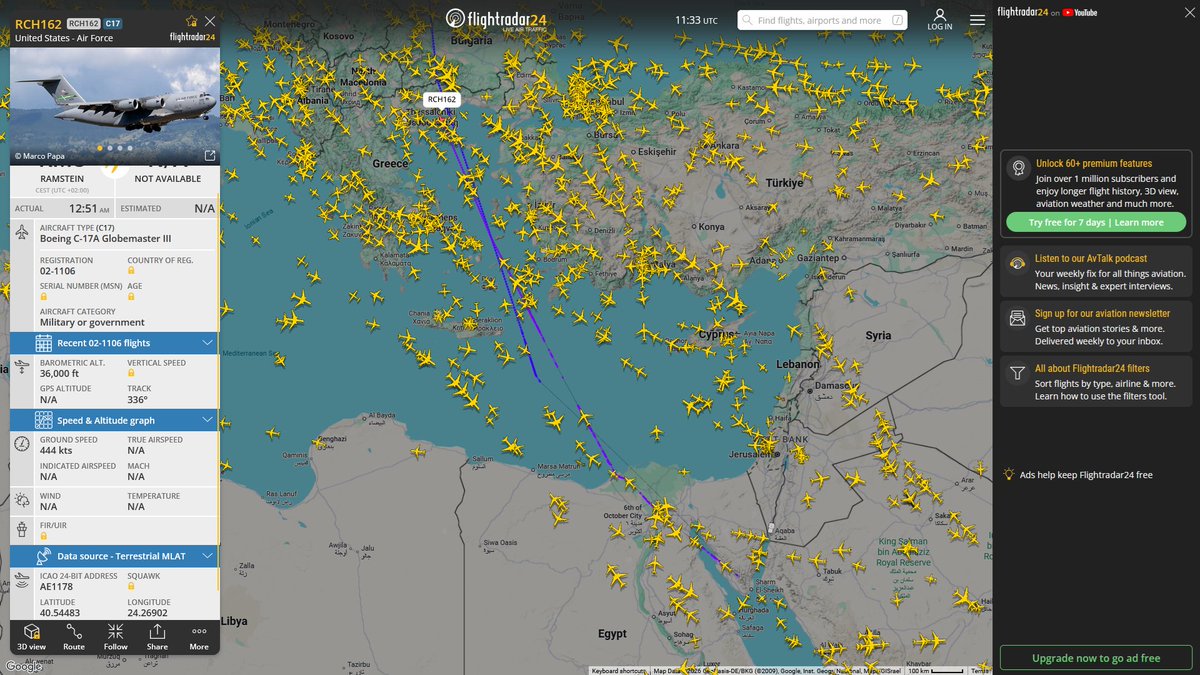 AIYeyENGDdJkjTr's tweet photo. June 22, 2026
#Dover Air Force Base, Delaware #Fort Lewis, Washington #Anchorage #Osan Air Base, South Korea #Tokyo Yokota Air Base #Anchorage #McGuire Air Force Base #Ramstein Air Base #Middle East ==> #Ramstein Air Base 

#RCH162 #AE1178 USAF C-17A Globemaster III https://t.co/e804kzhlqw