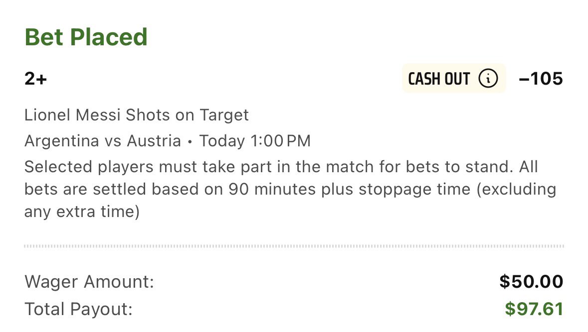 TheBetBaba's tweet photo. ⚽ Lionel Messi 2+ Shots on Target (-105) DraftKings

Argentina vs Austria | 1:00 PM

Fair Value: -112 → EV +3%

Notes: BookMaker at -138, BetOnline -135. https://t.co/IucrTwVNxB