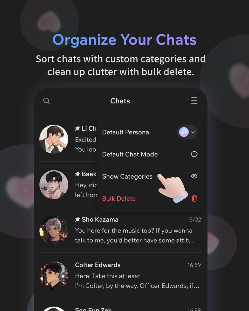 FlozeAI's tweet photo. Chats, upgraded ✨
Sort your chats with custom categories, set the vibe with background music, and find favorites faster with smarter search.
You can also search Dream Portals by keyword now!
For more details, check the in-app announcement 💖 https://t.co/cKWjed2taX