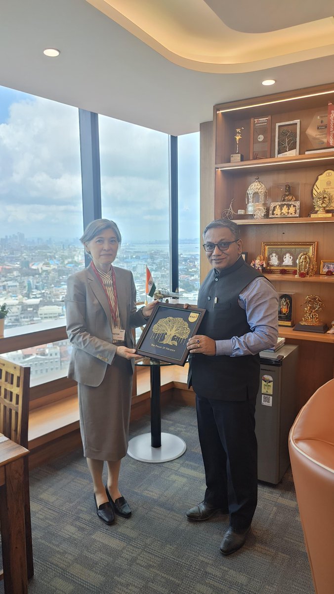 BSEIndia's tweet photo. BSE welcomed Ms. Sato Hitomi, Consul-General of Japan in Mumbai, on a courtesy call with Mr. Sundararaman Ramamurthy, MD & CEO, BSE.

During the interaction, the functioning of the Exchange and the Indian capital market ecosystem was explained. BSE also showcased its network and security operations, highlighting the measures in place to ensure a resilient, secure and continuously available trading platform.

The visit included the ceremonial ringing of the #BSEBell and a photo opportunity with the iconic #BSEBull.

#BSE #BSEIndia #IndiaJapan