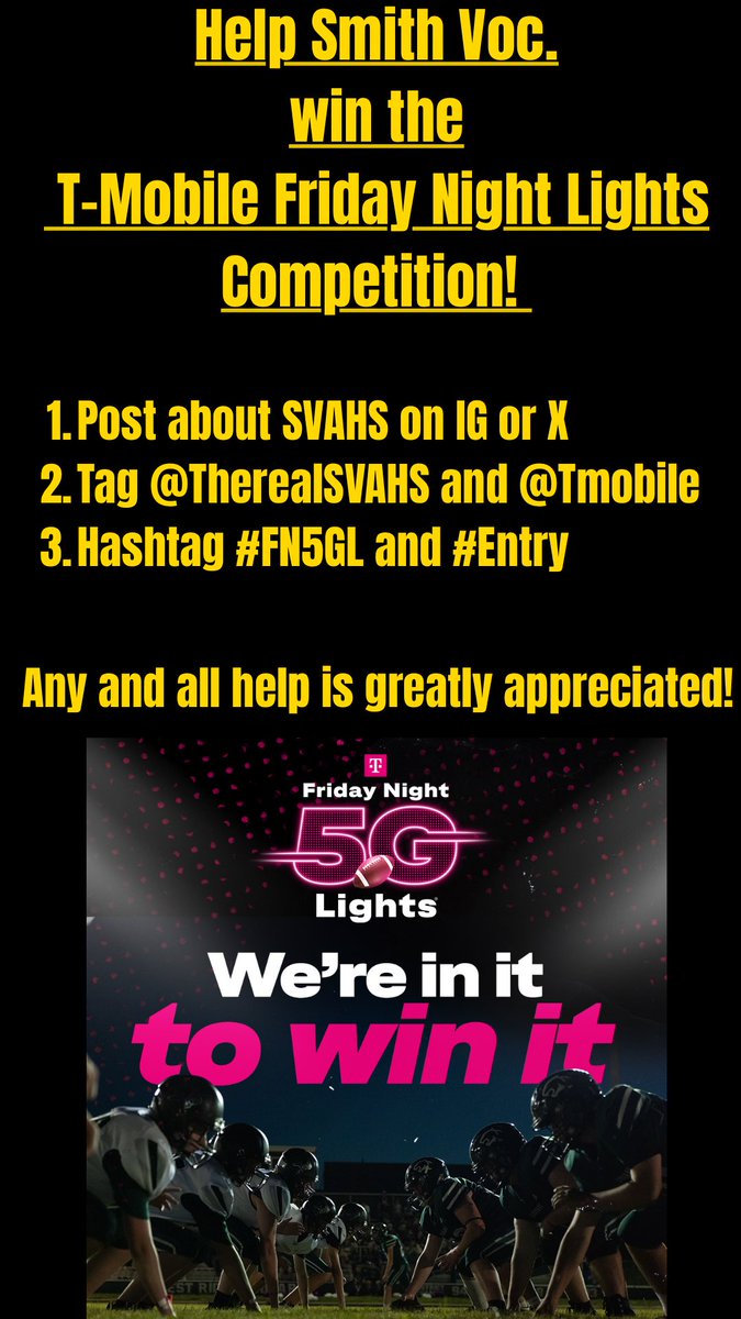 SVAHS_Football's tweet photo. SVAHS Community! We’re in the T-Mobile Friday Night Lights Competition for a new field and you can help! Follow the instructions in the picture ⬇️.
@TheRealSVAHS @TMobile #FN5GL #Entry https://t.co/UpDD5pf7S7