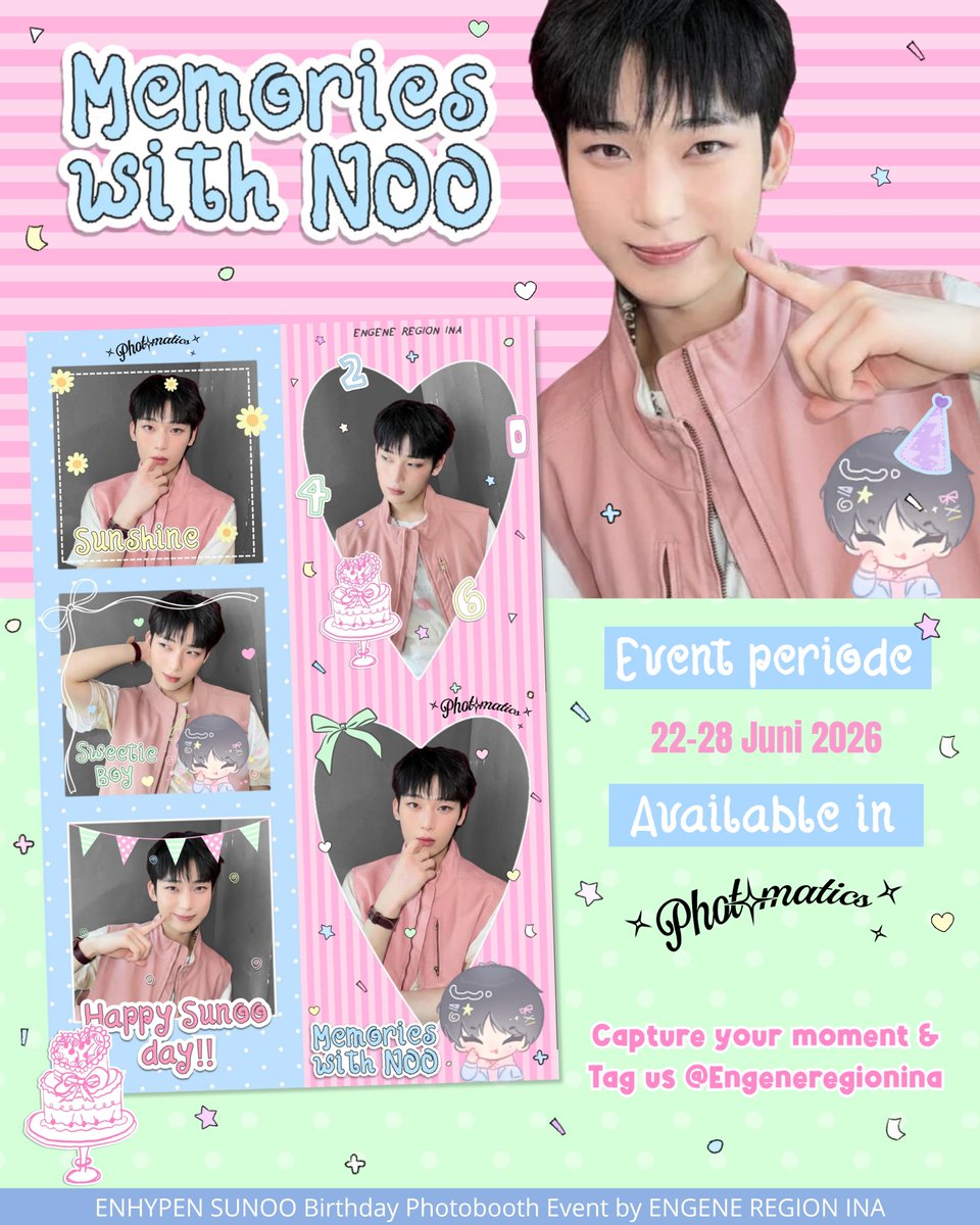 engenejakarta's tweet photo. ★☆ — Memories with NOO´ˎ˗

☆ SUNOO Birthday Photobooth Event by @EN_regionINA
★ — Indonesia Only🇮🇩

📆 22 - 28 Juni 2026
★ — available at @photomaticsid
🔎 details of the location on poster https://t.co/mUjvQwFSwk