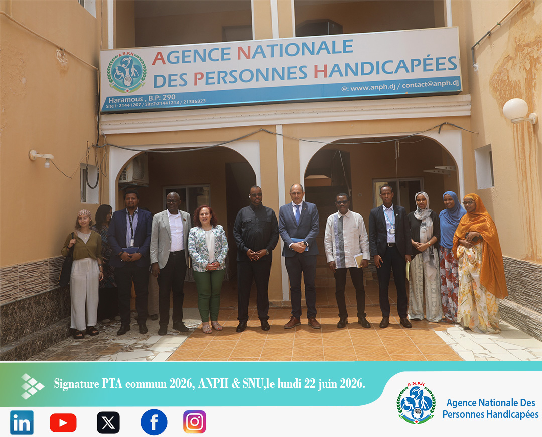 AHandicapees's tweet photo. L’Agence Nationale des Personnes Handicapées et le Système des Nations Unies à Djibouti ont procédé, ce matin, à la signature du Plan de Travail Annuel Commun 2026, portant sur l’appui à l’inclusion des personnes handicapées. https://t.co/ZOlBhe7ZTu
