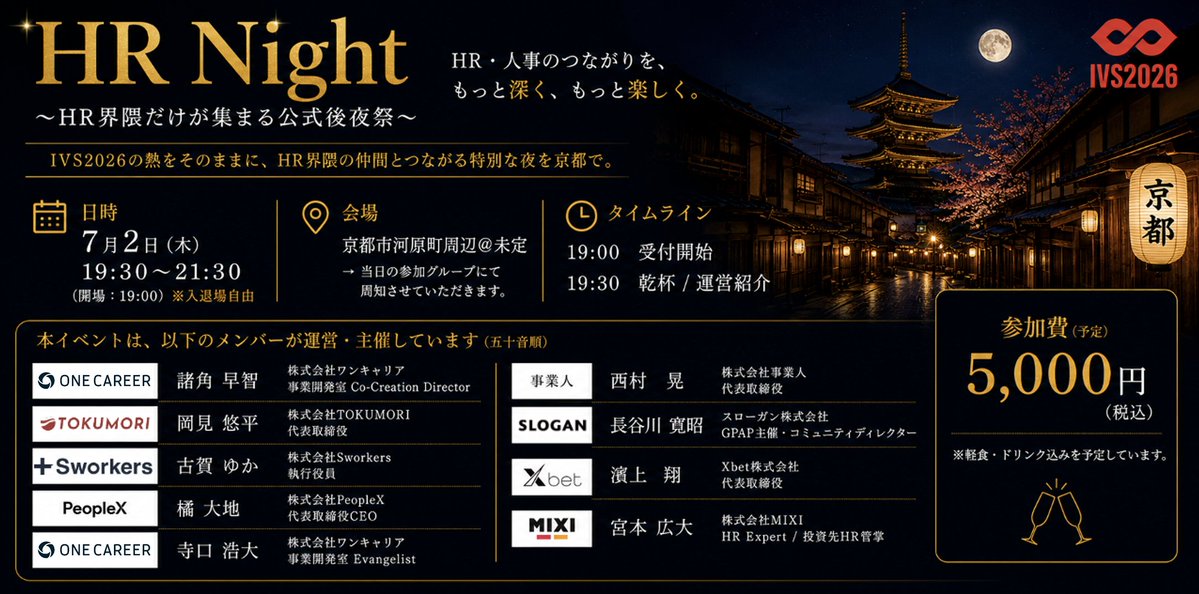 yuheiokami's tweet photo. #IVS参戦 します🎉🎉🎉

2日目に HR NIGHTをサイドイベントで企画しました。
超素敵な方々と企画しているので
ぜひ HR関係者の皆様は全員集合で・・・！

7/2(木) 空いているよ〜という方
ぜひお集まりください！！！！

京都、ぶち上げます〜。
登壇もしますので、みなさん会いましょう。

@sachimo___ 
@telinekd 
@d_ta2bana 
@akiradesu0311 
@hiroaky 
@kakekakerun 
@ko_hiro_ko 
@KogaYuka_SW