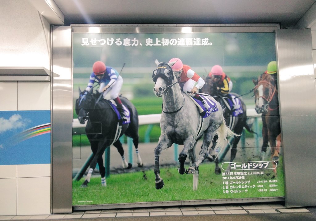 昨日の阪神競馬 春のラスト開催 駅から競馬場に続く地下道の名馬パネル