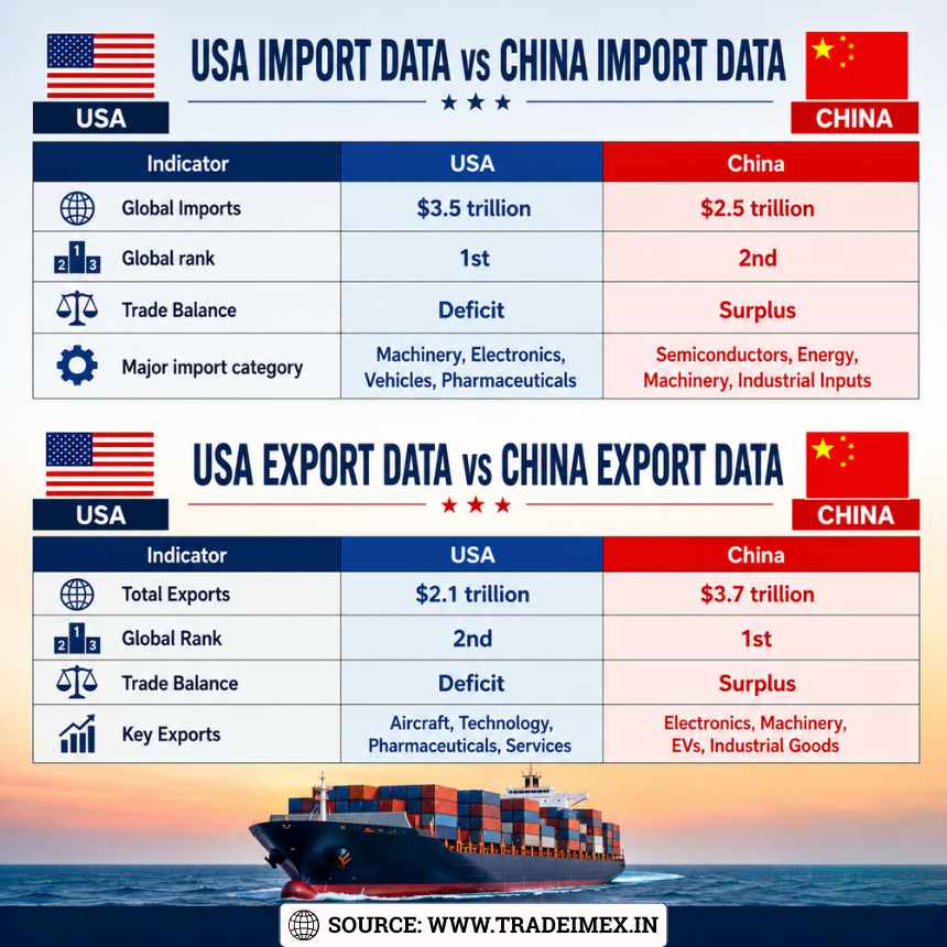 TradeImeX's tweet photo. 🇺🇸📦 vs 🇨🇳🏭 Who leads global trade in 2025? The USA dominates imports ($3.5T), while China leads exports ($3.7T). Discover the latest trade battle shaping the world economy. 🌍📊

Read more: https://t.co/6QREvQhpoa

#GlobalTrade #USChinaTrade #TradeImex #ImportExportData https://t.co/bah46VeFbL