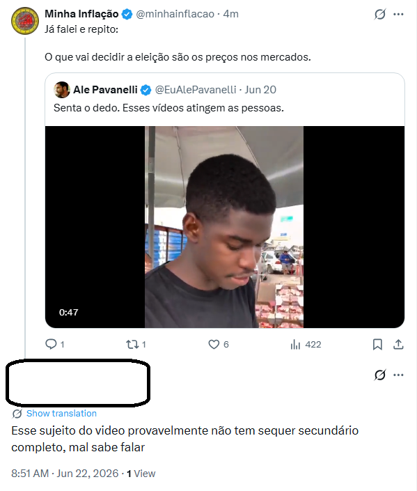 minhainflacao's tweet photo. Pro petista é assim:

- Eu posto foto dos mesmos mercados todos os meses comparando mês a mês;
- Eles pegam fotos de encartes promocionais e preços de internet pra "refutar";

- Eu posto vídeo de um cidadão reclamando da alta de preços;
- Eles dizem que o sujeito não tem estudos , mal sabe falar.

Eles enxergam o pobre como papel higiênico.