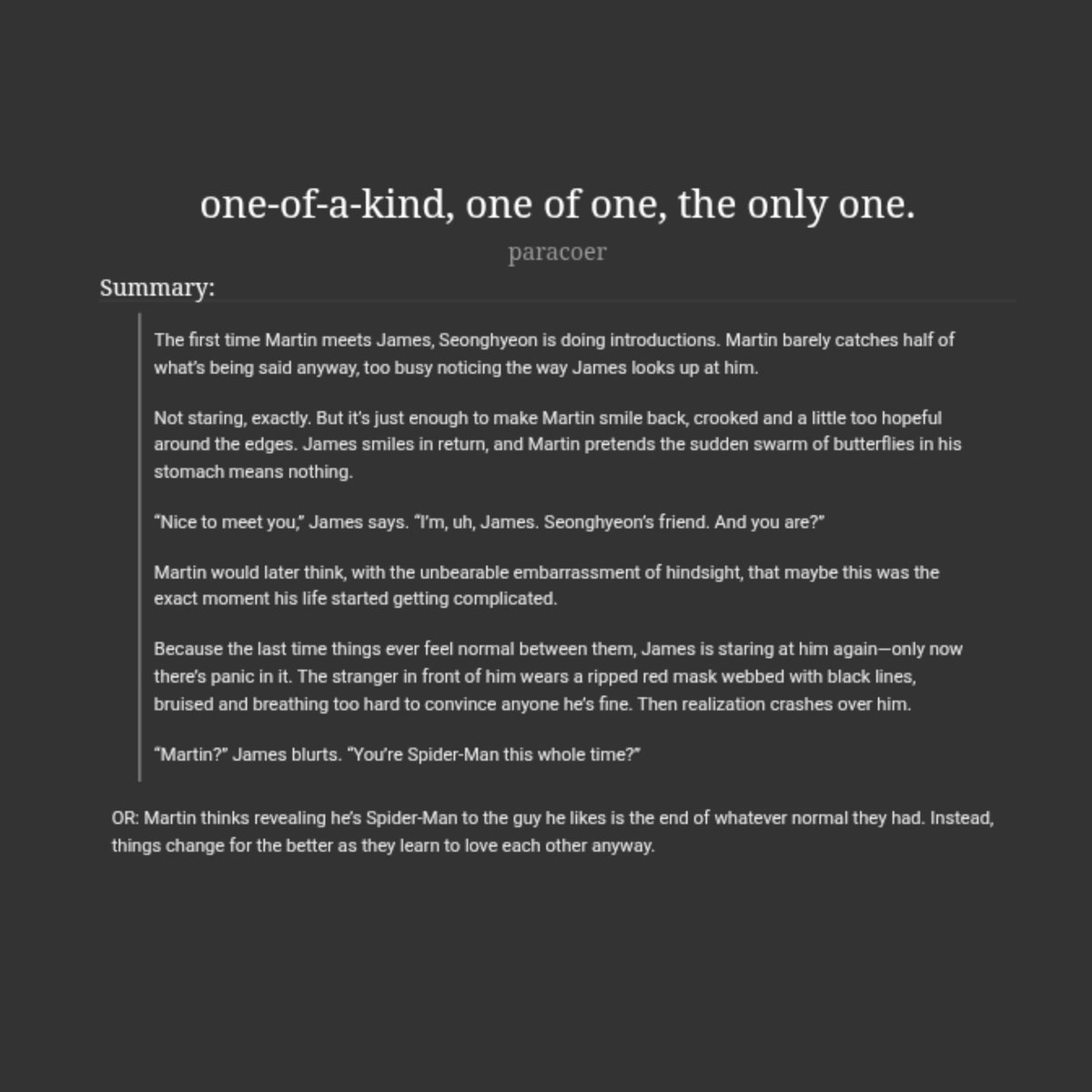 paracoer's tweet photo. .𖥔 ݁ ˖ one of a kind, one of one, the only one.    [#marjames]

• spiderman!martin, mary jane!james
• chaptered fic
• tags: idiots in love, angst, oblivious james, college au, humor, developing relationship, hurt/comfort

🔗 https://t.co/9u36W08dB0 https://t.co/8qaPkYv4Y7