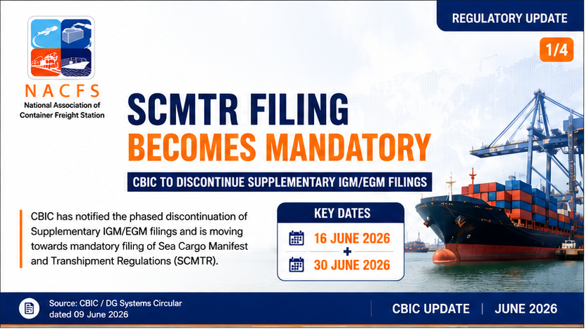 NacfsIndia's tweet photo. Phased discontinuation of Supplementary IGM/EGM filings &amp; mandatory filing through #SCMTR announced by @cbic_india .

Trade stakeholders to ensure SCMTR readiness before implementation deadlines.

Swipe through for key highlights. ⬇️

#LogisticsIndia @PIB_India @nsitharamanoffc https://t.co/qTQTuusQMY