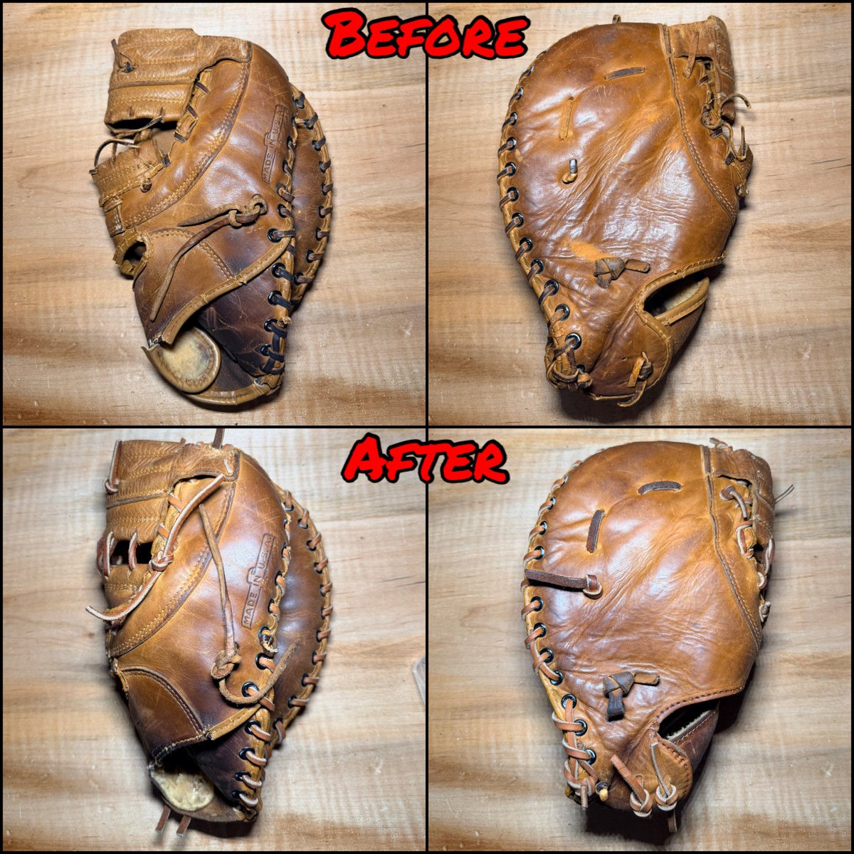 PeakGloveRepair's tweet photo. “Wow it came out amazing, I’ve had that glove for over 50 years, thank you so much!” - owner

@ballplayersbalm 

#softball #baseball #easton #wilson #rawlings #marrucci #nokona #mizuno #gloveservice #baseballglove #softballglove #glovework #mittwork #glove #mitt #breakin https://t.co/lcfRHkjkw6