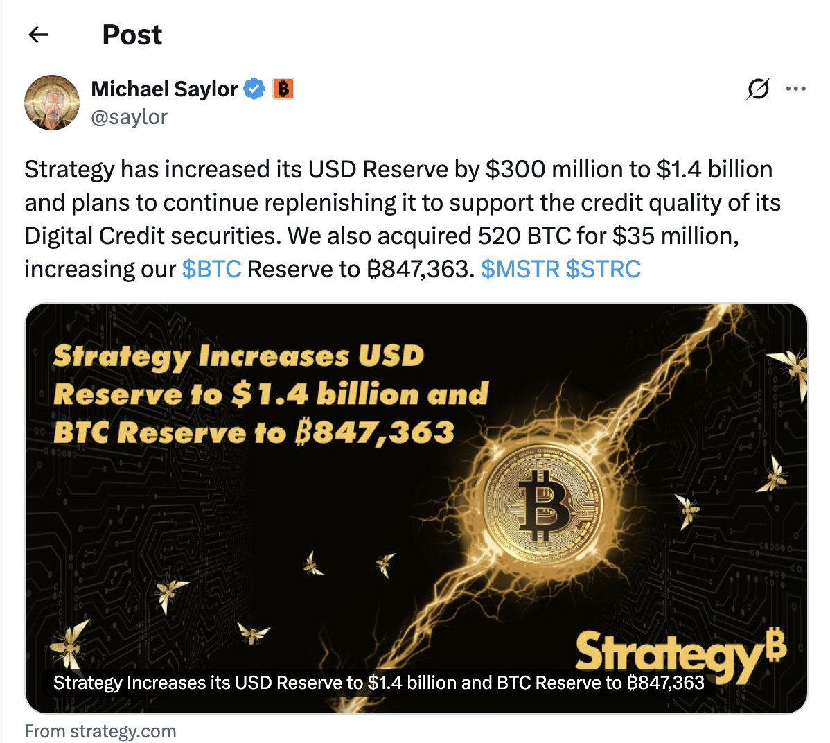 BitcoinMagazine's tweet photo. JUST IN: Michael Saylor announces Strategy bought 520 more bitcoin for $35 million, now holds 847,363 BTC 🚀 https://t.co/c6MYctRsA9