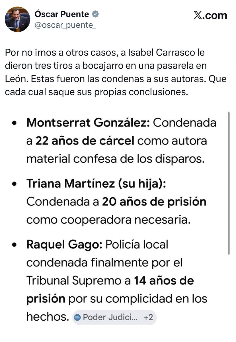 EsterMunoz85's tweet photo. Puente sabe que está manipulando. 

A la asesina de Isabel Carrasco le impusieron 19 años de prisión por el asesinato y 3 por la tenencia ilícita de armas

A Ábalos:

- 5 y medio por organización criminal
- 4 y medio por delito continuado de cohecho en concurso con el anterior
- 3 y medio por un cochecho concreto (adjudicación mascarillas) 
- 2 por tráfico de influencias en concurso con el anterior
- 1 y medio por tráfico de influencias (contrataciones en Logirail)
- 3 y medio por malversación (contrataciones en INECO y Tragsa) 
- 1 año y 9 meses por tráfico de influencias en concurso con el anterior.
- 9 meses por otro cohecho.
- 9 meses por un tercer cohecho

Ninguno de sus delitos tenían 22 años de pena de prisión como en el caso del asesinato.  Los 24 años vienen como consecuencia de la suma de 9 delitos. 

No les indignan las penas, ni siquiera la de Aldama, lo que les aterroriza es que otros puedan colaborar con la justicia.