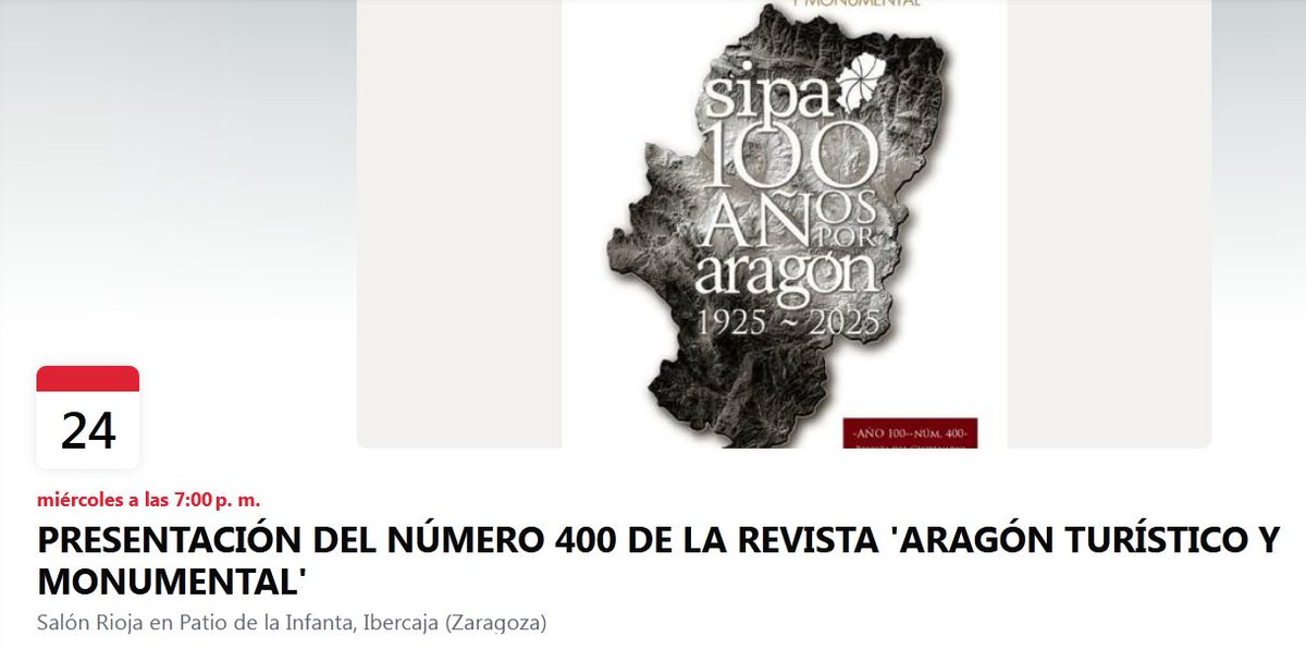 MVidao's tweet photo. El día 24 tengo el honor de representar a @AnteayerZ en la presentación del nº 400 de la revista "Aragón,Turístico y Monumental" que conmemora el centenario del SIPA.
📌Patio de la Infanta. Sala Rioja
🧭San Ignacio de Loyola nº 16
📅 24 de Junio
⏲️ 19.00 h
https://t.co/xpvlobg8eV https://t.co/FJUKUMCOpw