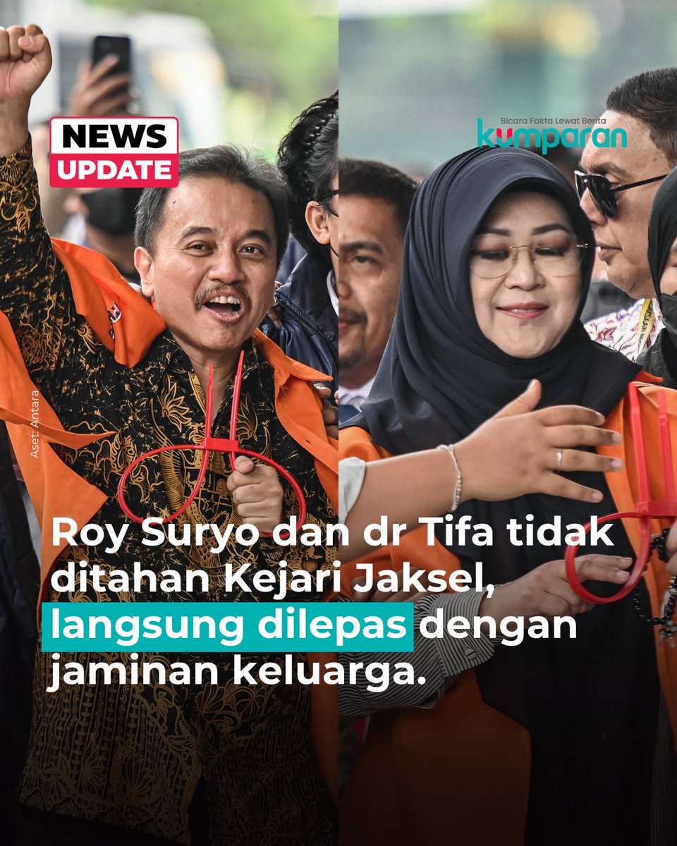 kumparan's tweet photo. Kejaksaan Negeri Jakarta Selatan (Kejari Jaksel) memutuskan tidak menahan Roy Suryo dan dr. Tifauzia Tyassuma alias dr. Tifa usai menerima pelimpahan tahap II dari penyidik Polda Metro Jaya, Senin (22/6). Kedua tersangka kasus dugaan fitnah dan pencemaran nama baik terkait keaslian ijazah mantan Presiden ke-7 RI Joko Widodo tersebut langsung dilepaskan.

“Sesuai mekanisme dan ketentuan yang berlaku terhadap para tersangka tidak dilakukan penahanan," kata Kepala Kejari Jaksel Marcelo Bellah dalam konferensi pers di Kejari Jaksel, Senin (22/6).

Marcelo menjelaskan keputusan tersebut didasarkan pada surat permohonan penangguhan penahanan yang diajukan oleh pihak keluarga dan kuasa hukum tersangka kepada jaksa penuntut umum (JPU).

Meski demikian, Roy Suryo dan dr. Tifa tetap dikenakan kewajiban melapor.

📸: Dok. Antara.

Baca selengkapnya dengan klik link di bio. Cari tahu berita update lainnya dengan download aplikasi kumparan di App Store atau Google Play.⁠
⁠
📝: newsupdate | update | news | oneliner | R158 | E164

#bicarafaktalewatberita #kumparan