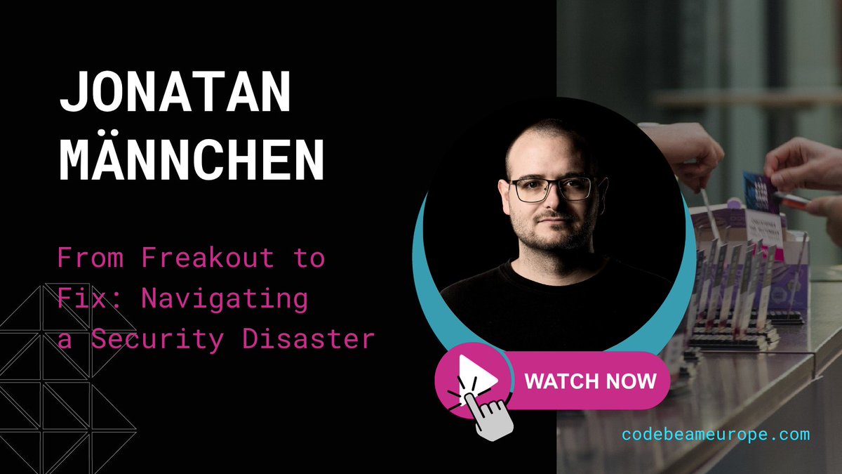 CodeBEAMio's tweet photo. How do you handle a major security disaster without melting down? 

Jonatan Männchen’s Code BEAM talk shows you how to go from panic to patch, covering scanners, Hex retirement, and disclosure. The video is now public!

Watch here: https://t.co/YIxxdpfjgU https://t.co/A2jkHO2utd