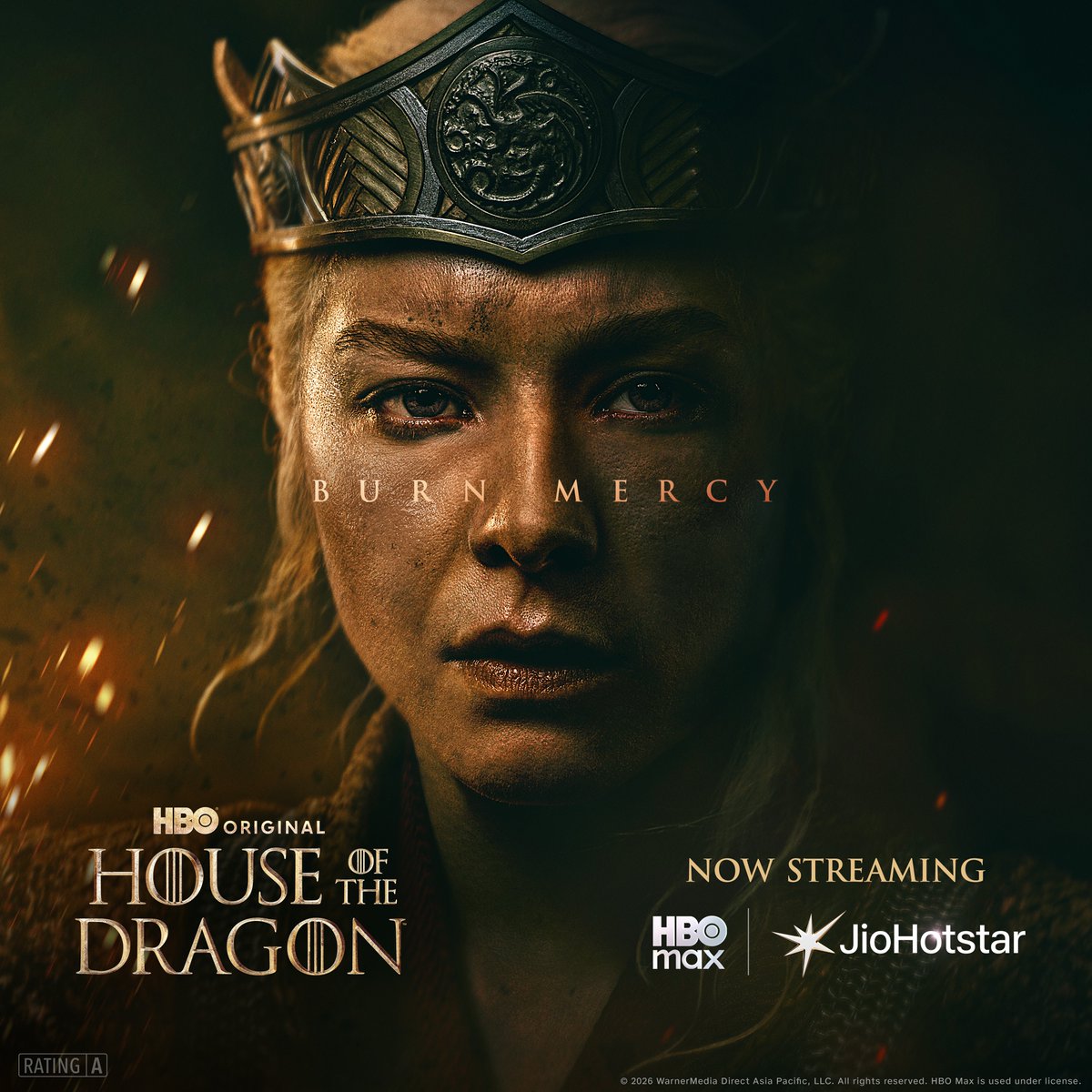 JioHotstar's tweet photo. When House Targaryen goes to war, the realm pays the price. House Of The Dragon Season 3 now streaming on HBO Max on JioHotstar.