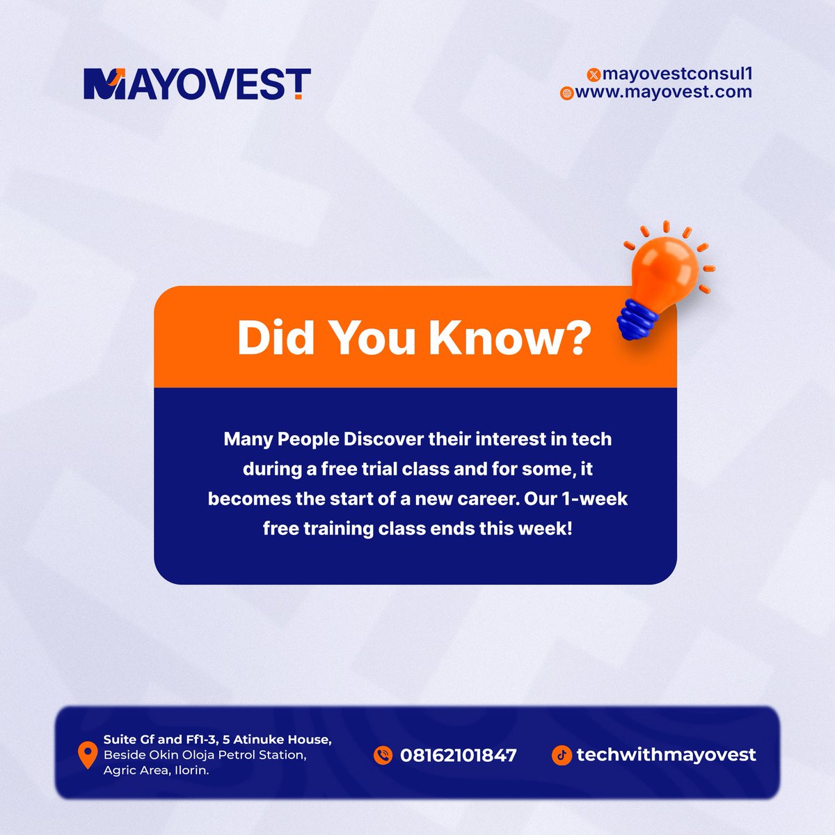 Mayovestconsul1's tweet photo. The best opportunities are often the ones we almost ignore.

If you have been considering learning a tech skill, now is a good time to start.

Take advantage of the free training before it ends.

#TechFactMonday #TechWithMayovest #MayovestTechHub https://t.co/XrptItoYi6