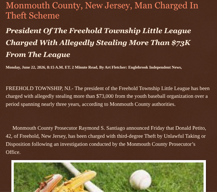 ArtFletcher9's tweet photo. Monmouth County, New Jersey, Man Charged In Theft Scheme https://t.co/9cVEKoaYEC via @Englebrooknews #NewJersey #CrimeNews #MonmouthCountyNJ #FreeholdTownshipNJ #LittleLeague #President #Childrens #baseball #arrested #charged #TheftScheme @HRG_Media @LodiNJNews @SarahGeving1 @Shannon96574094 @DanCook26214426 @gator4kb18 @TrumpWasRite2 @KathyKbrose @RobGerundo @JimBobW49