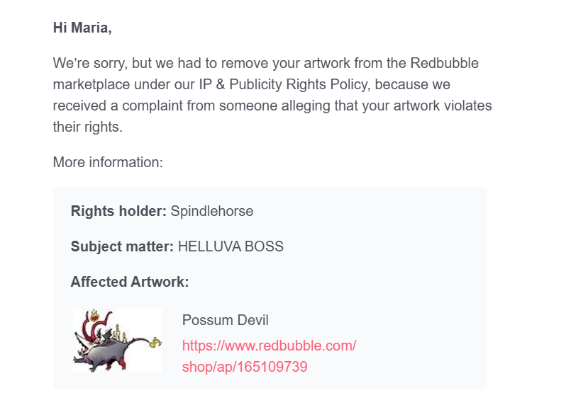 morteraphan's tweet photo. RedBubble removed my art and my friend's art for "violating the rules". The rule violations in question: original arts with the hashtag "halloween" and they have nothing to do with Helluva Boss. Mine is from 2017, for example. 💀 https://t.co/7EfJawJ3KV