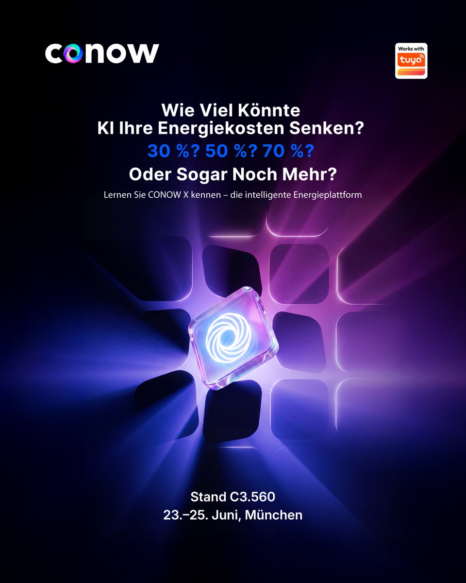 ConowDE's tweet photo. 🔋 Wie viel könnte KI Ihre Energiekosten senken?
30%? 50%? 70%? Oder mehr?
CONOW X verwandelt Energie in ein autonomes, messbares Ökosystem.
📍 Halle C3.560 | 23.–25.6. | #Intersolar2026
*Illustrative Richtwerte
#CONOW #AirMesh #SmartEnergy #TheSmarterE https://t.co/4wBI4rCPvF
