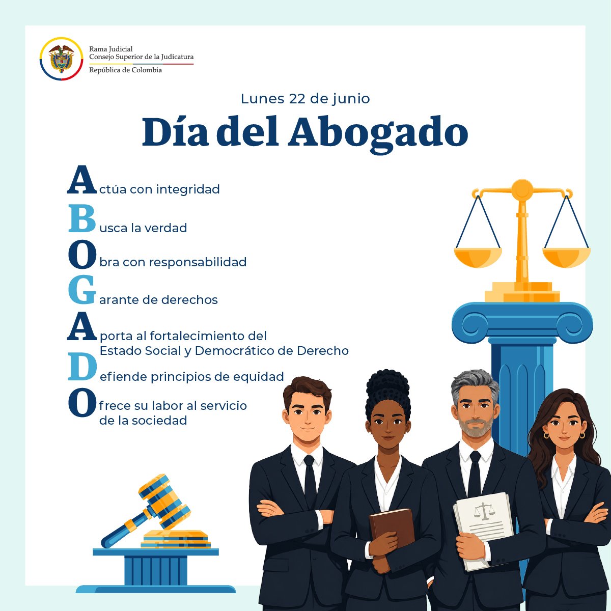 judicaturacsj's tweet photo. En el #DíaDelAbogado, el Consejo Superior de la Judicatura exalta la valiosa labor de quienes ejercen esta profesión con responsabilidad, ética y compromiso con la justicia. 👥

Gracias por su aporte a la defensa de los derechos y la construcción de una sociedad más justa. ⚖️ https://t.co/iNhIuw1dBc