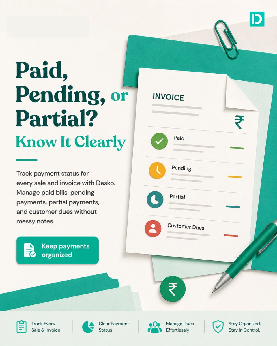deskoapp's tweet photo. Track every payment status with Desko — **Paid, Pending, or Partial** — all in one smart billing system.
(Paid, Pending, Partial, Billing, POS)
#Desko #PaidPendingPartial #SmartBilling #POSSystem #BusinessMadeEasy https://t.co/5Q0czNgqZA