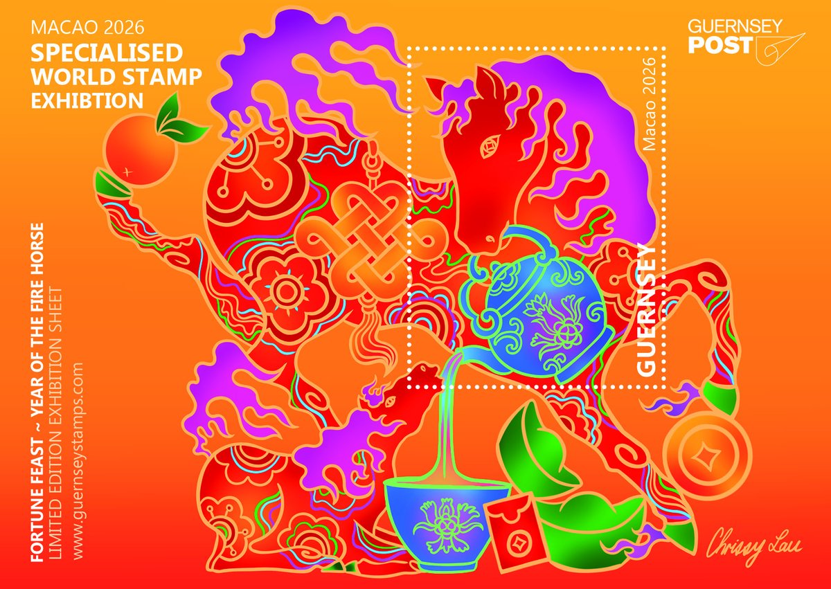 guernseystamps's tweet photo. We're so excited to launch a limited edition #Cinderella miniature sheet celebrating the Year of the Fire Horse. Created for the inaugural #Macao2026 Specialized World #Stamp #Exhibition, the issue combines traditional Lunar New Year symbolism with themes of prosperity, optimism and transformation.

Artist Chrissy Lau has created a symbolic design for the miniature sheet, Fortune Feast, which features a Fire Horse whose flame-shaped mane and tail evoke the spirit of optimism, energy and celebration associated with the Fire Horse.

The miniature sheet will be released as a limited edition of just 3,000, available exclusively at Macao 2026 Specialized World Stamp Exhibition.

#ChineseNewYear #ChineseCulture #stamps #Macao
