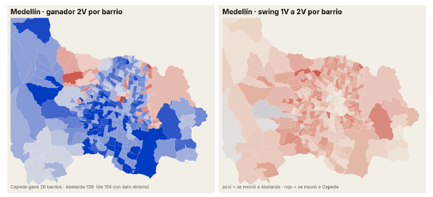 RicardoRuiz_'s tweet photo. En Medellín para segunda vuelta todo el swing (de manera leve) fue hacia Cepeda, por eso digo que si bien en MED y ANT se sacó una buena diferencia de votos, buena parte de los nuevos votantes se movilizaron hacia Cepeda https://t.co/DtWjuqKkfH