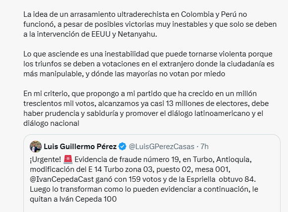 EcEnDirecto's tweet photo. #ATENCIÓN 
Sobre los resultados de las elecciones presidenciales en #Colombia, el mandatario de dicho país, @petrogustavo, mencionó que el resultado final de los comicios es todavía más endeble y solo habría un triunfo de @ABDELAESPRIELLA "basado exclusivamente en el voto comprado, evidente en el día electoral y en el voto constreñido a trabajadores que votaron contra sí mismos".  
"La superioridad de la votación ultraderechista se desmorona, porque solo se puede sostener en la trampa, solo el dinero oscuro, con proveniencia extranjera, y el constreñimiento laboral, darían la legitimidad de la próxima presidencia", indicó.