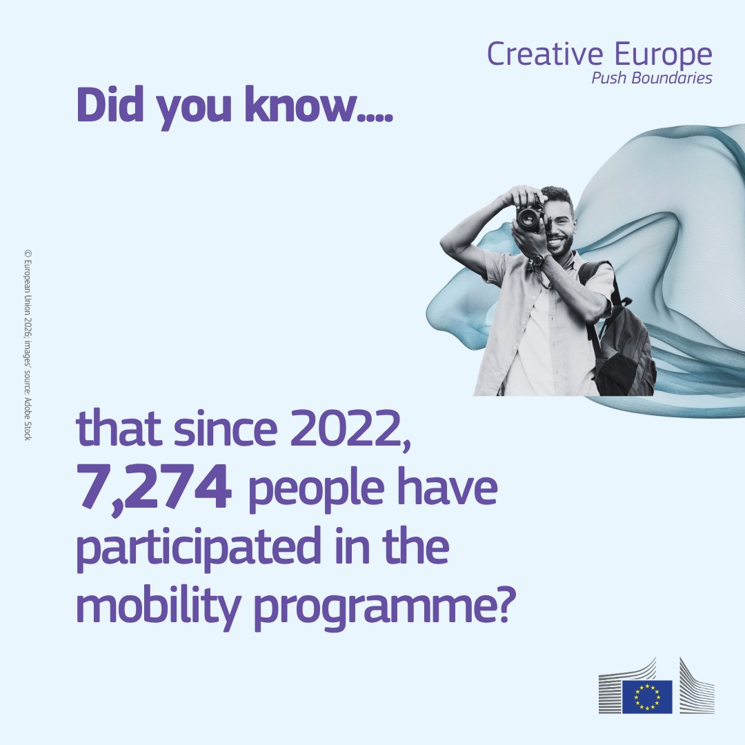 europe_creative's tweet photo. Did you know that 7,274 people have participated in the Culture Moves Europe action since 2022?🎨🎭

The new Creative Europe dashboard allows you to discover the stories behind the numbers. 📊

Explore the key insights &amp; more: https://t.co/dd73rqfQNV https://t.co/nCvcsL8ezO
