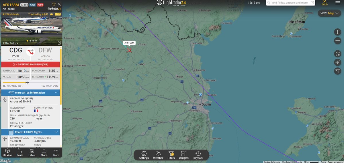 The_AvHub's tweet photo. AF158 Paris-Dallas is currently passing through FL100 and is near the Cavan area at present.

https://t.co/A6YHHIBUFD

#AirFrance #AF158 #Airbus #A350 #Paris #Dallas #Dublin #AvGeek https://t.co/nbbdHSTgSL