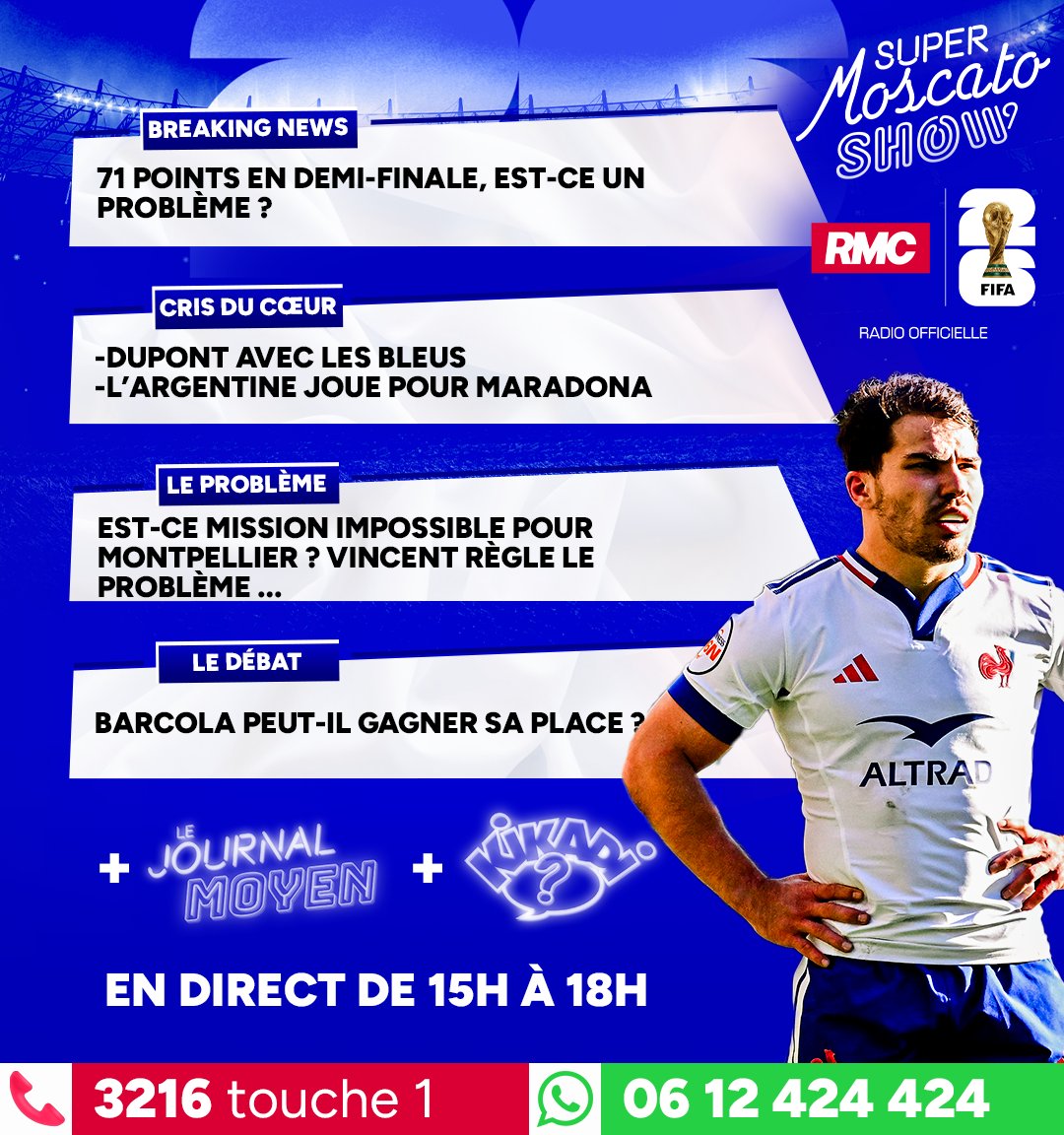 Moscato_Show's tweet photo. 🏉 Le programme du jour est dispo les tyyypes !

🔴 On se retrouve de 15h à 18h en direct sur RMC. https://t.co/cI7AVXR1oe